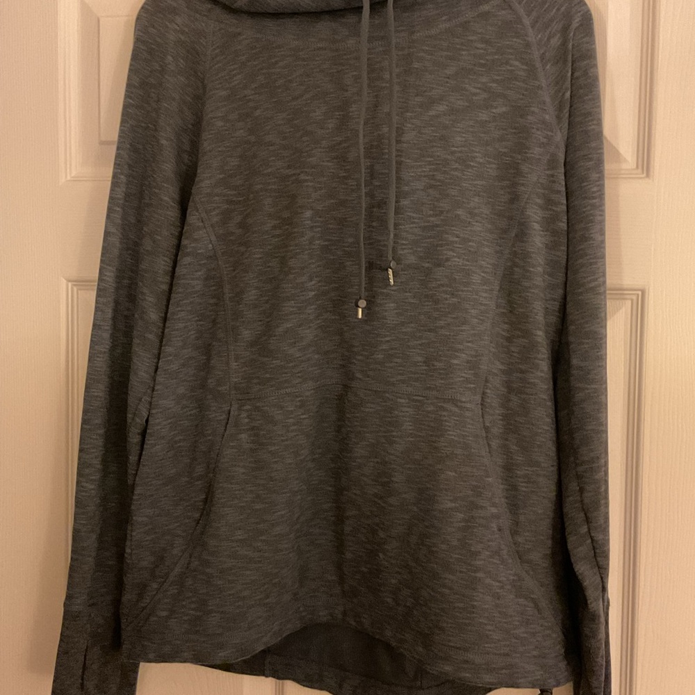 Athleta Gray/Blue Heathered Space Dye Techie Cowl Neck Hoodie Thumbholes Size L